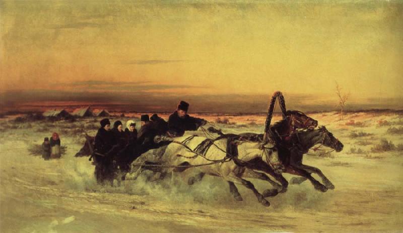 unknow artist Oil undated a Wintertroika in the gallop in sunset Sweden oil painting art